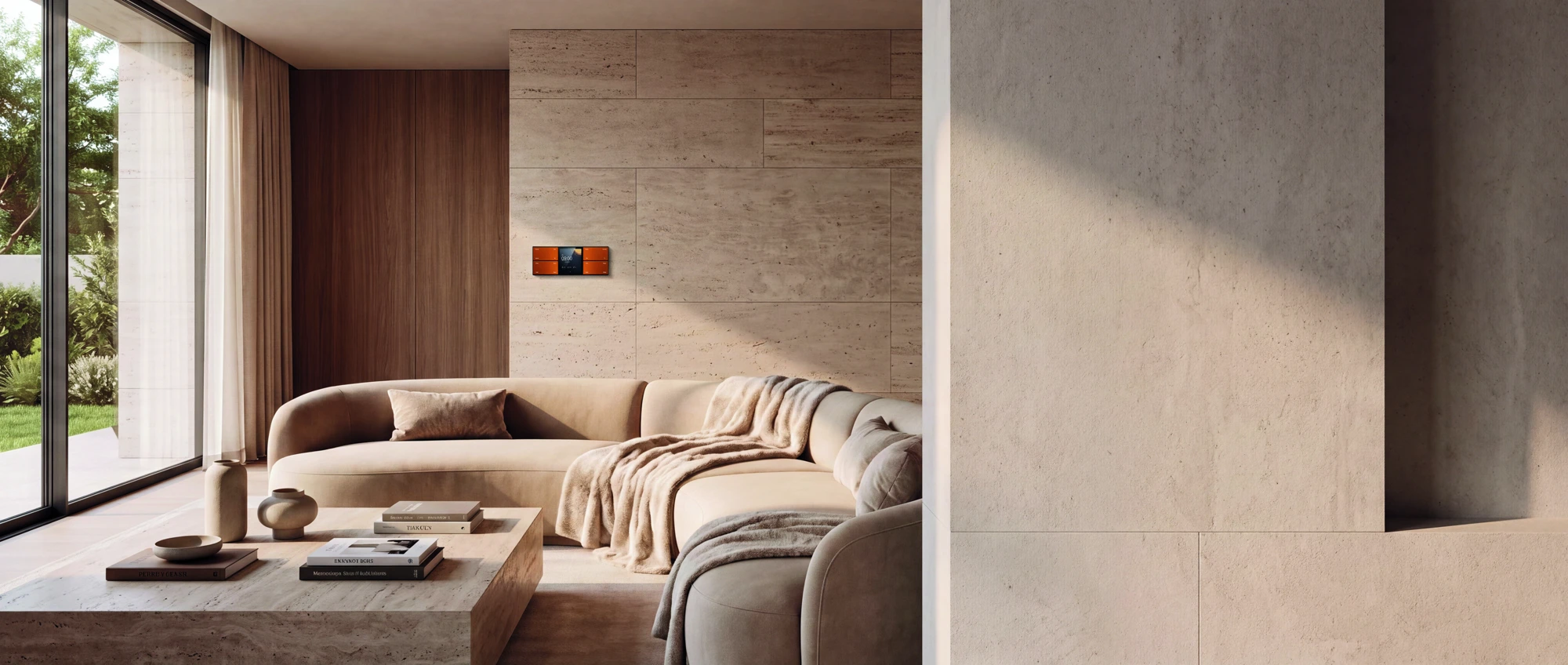 NUE installed in a calm travertine living room